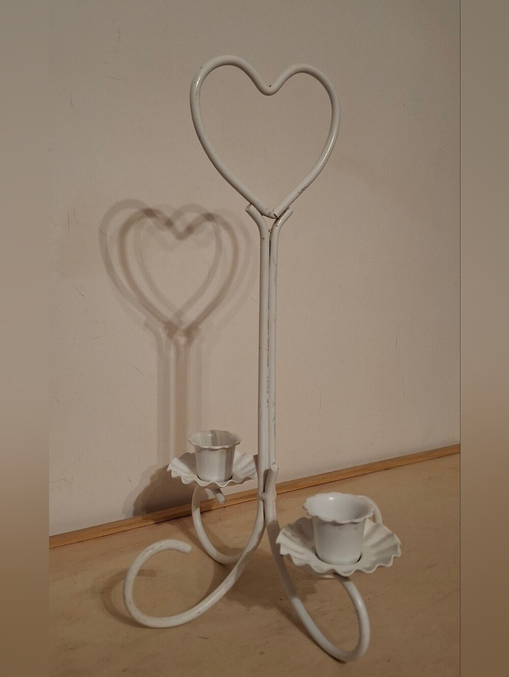Vintage White Wrought Iron Heart Candelabra, Shabby Chic, Double Candle Holder